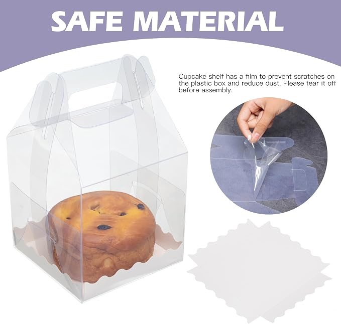7-Pack Individual Cupcake Containers with Handles, Food-Grade PET Single Cupcake Boxes | 4x4x6 Inch Clear Gable Boxes for Bakery, Party Favors & Retail
