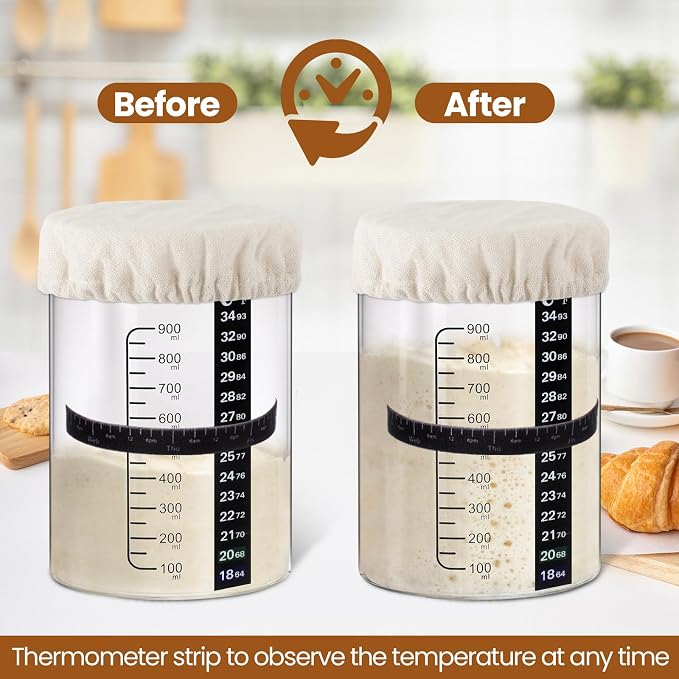Yungyan 2 Sets Sourdough Starter Jar 34 oz Sourdough Starter Kit with Thermometer, Scraper, Cloth Cover and Bamboo Lid Wide Mouth Sour Dough Jar Container Bread Kit