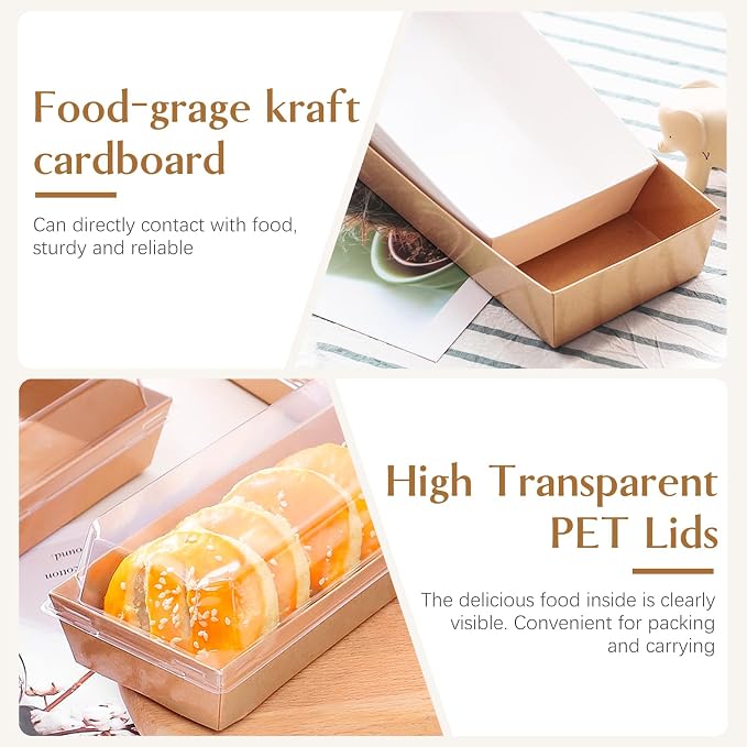 ZORRITA Paper Charcuterie Boxes with Clear Lids, 100 Pack, Brown | 7.5x3.3 Inch, Small, To Go Food Containers, For Desserts, Treats, Cookies, Sandwich, Pastry, Strawberries and Cupcakes
