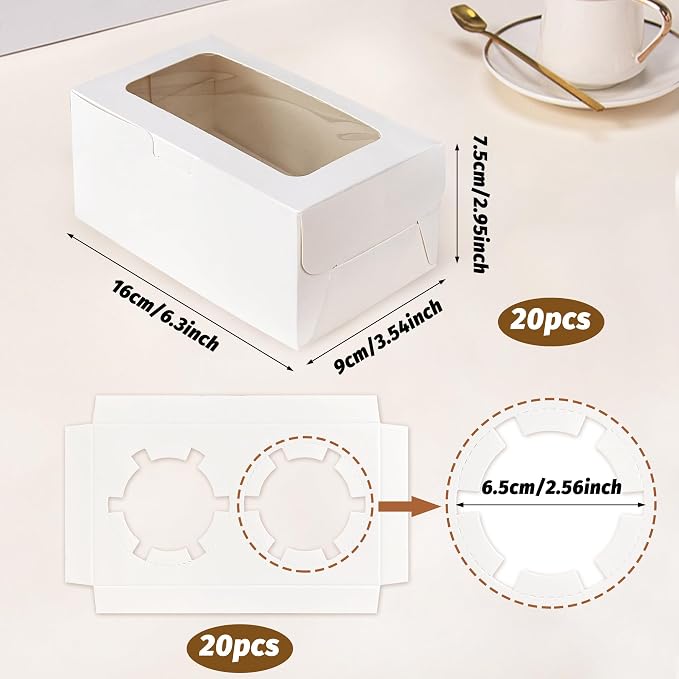 MUMULULU 20 PCS White Paper Cupcake Boxes with 2 Cavity Cookie Gift Boxes with Clear Window 2 Treat Holder Cupcake Containers Bakery Cake Box for Birthday Party Bakery Supplies