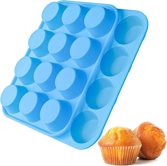 2Pack Silicone Muffin Pans with Metal Reinforced Frame,12 Cup Regular Size Silicone Cupcake Pan,Muffin Tin,Nonstick Cupcake Baking Molds for Muffins,Cupcakes,Egg Bites,BPA Free (2Pack Blue)