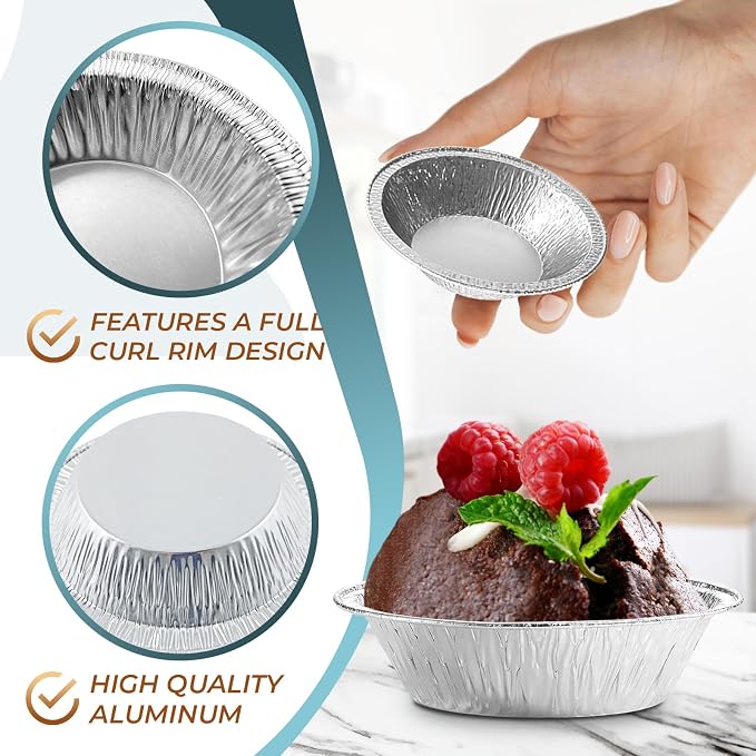 100 Pcs Disposable Egg Tart Tins - 3" Aluminum Mini Pie Tins, Durable Material, Easy to Use & Oven Safe, Moisture & Odor Resistant for Spring Holiday Baking & Pot Pies, Great Easter Gifts for Bakers