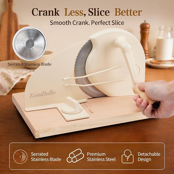 Sourdough Bread Slicer for Homemade Bread, Manual Hand Crank Bread Cutter with Adjustable Thickness for Even Slices, Slicing Guide & Protective Blade Shield, Wood Base with Suction Cups(Beige)