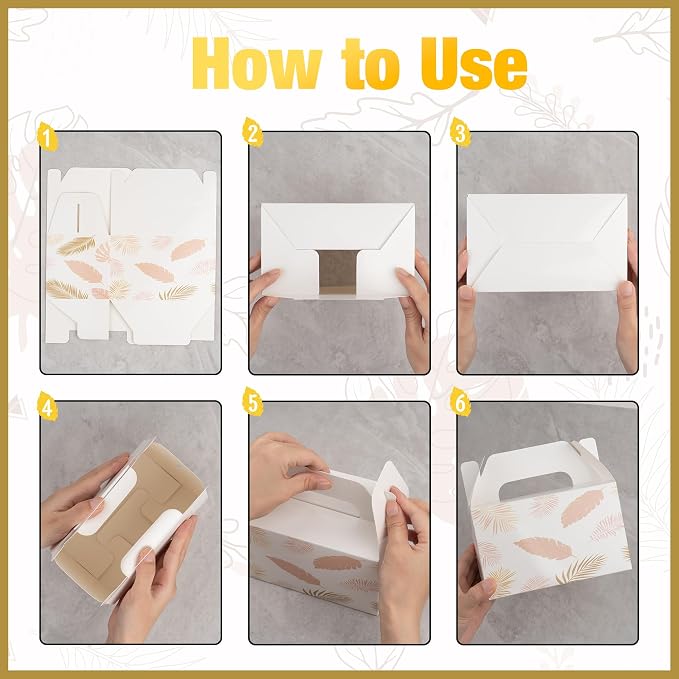 10 PCS Party Favor Treat Boxes, 6.5 x 4 x 4 Inches Gable Box with Handle, Goodie Boxes for Sweets, Candy, Cookie, Summer Picnic, Mother's Day, Outdoor Wedding, Baby Shower, Graduation, White Leaf
