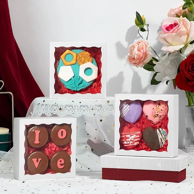 NEKSUNBAK 100PCS 5 x 5 x 1.2 inch White Cookie Boxes, Small Gift Boxes with Display Window, Treat Boxes for Macaron, Donuts, Any Holidays & Party Favors