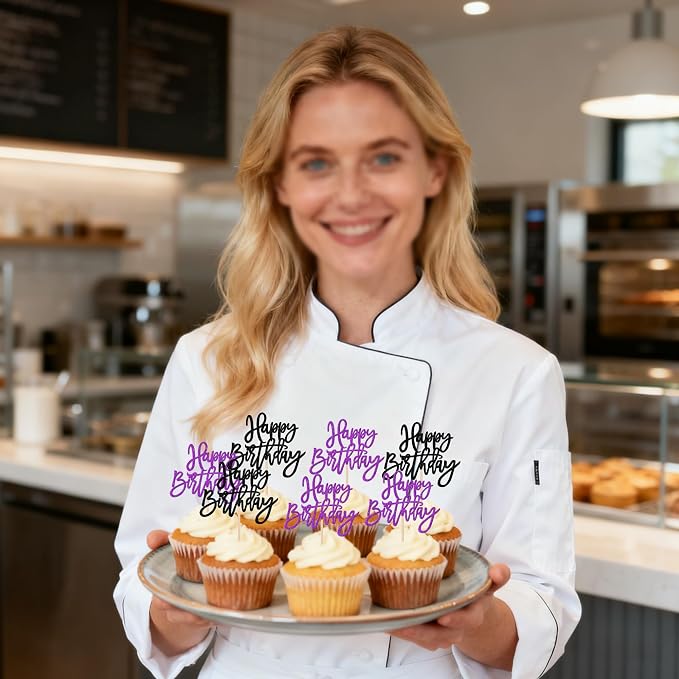 24 PCS Happy Birthday Cupcake Toppers Glitter Happy Birthday Cupcake Picks for Celebrating Anniversary Theme Party Cake Decorations Supplies Black Purple