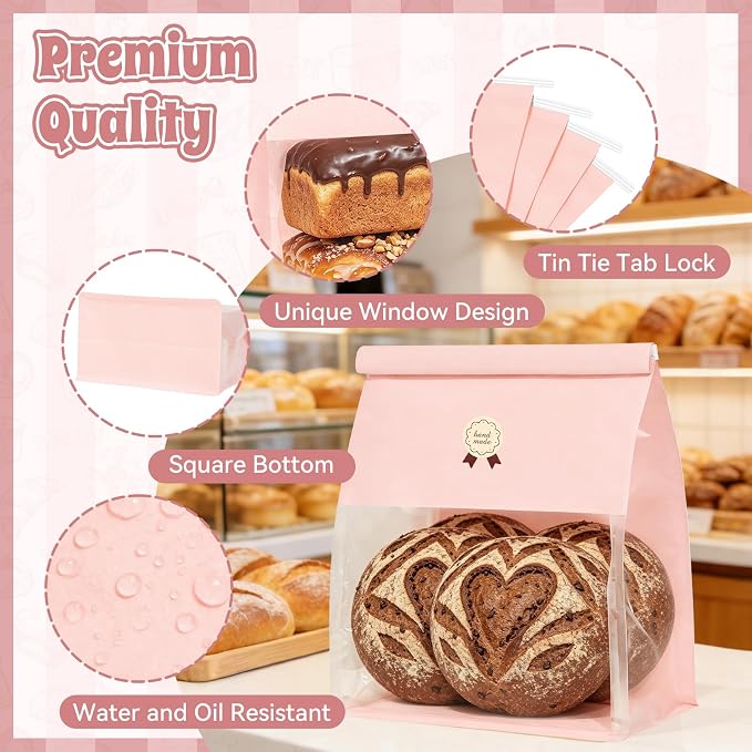 "Funcoo Paper Bread Bags with Tabs for Homemade Sourdough Bread, Pink Bakery Bread Bags with Window/Tin Tie Tab Lock, Large Bakery Loaf Bag for Baked Goods Packaging" (50, X-Large)