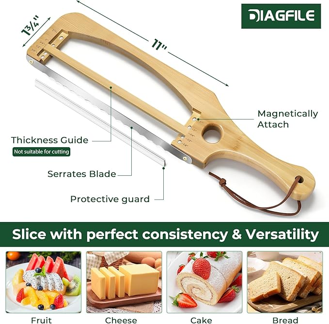 Adjustable Bread Slicer for Homemade Bread, 16.5'' Sourdough Bread Knife with Magnetic Adjustment Mechanism 5 Thickness Guides, Stainless Steel Serrated Bread Cutter for Bagels, Baguettes (Natural)
