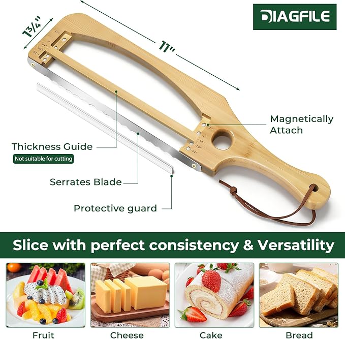 Adjustable Bread Slicer for Homemade Bread, 16.5'' Sourdough Bread Knife with Magnetic Adjustment Mechanism 5 Thickness Guides, Stainless Steel Serrated Bread Cutter for Bagels, Baguettes (Natural)