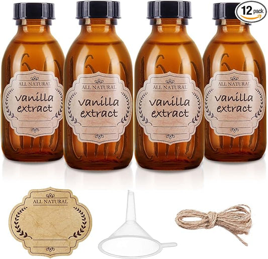4 oz Amber Glass Bottle with Cap, Empty Glass Bottles Cosmetic Pump Dispensers for Homemade Vanilla Extract, Essential Oils, Juice, Potion, Syrup, Liquids, Christmas, Holiday Gift (Brown 4 Pack)