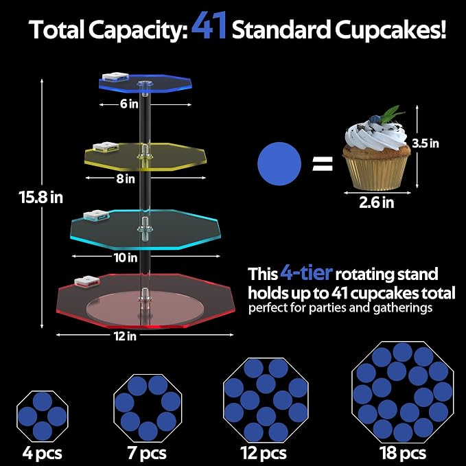 4-Tier Rotating Cupcake Stand with LED Lights - 360° Spinning Display Tower for Desserts, Cakes & Pastries - Rechargeable 7-Color Changing Serving Tray for Weddings, Parties & Festive Gatherings (Polygon Clear Acrylic)