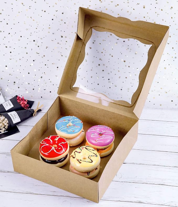 CHERRY 25-PACK 9"x9"x3"Brown Bakery Boxes with PVC Window for Pie and Cookies Boxes Large Natural Kraft Paper Box 9x9x3inch,Pack of 25