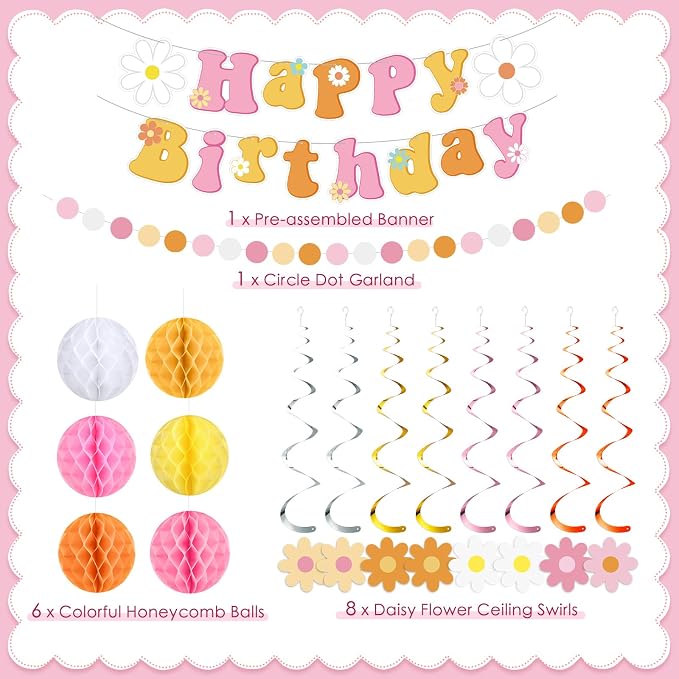 Pasimy Groovy Party Decorations Daisy Birthday Banner Garland Boho Flower Happy Birthday Decor Retro Hippie Hanging Swirls Streamer Groovy Honeycomb Balls Dot Garland Banner for Boho Party Supplies