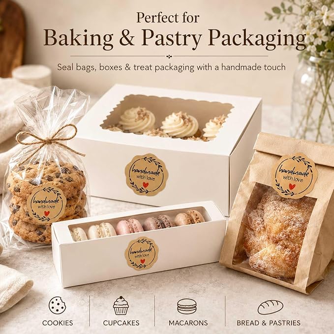 100 Pcs Handmade with Love Stickers, Kraft Paper Bakery Stickers for Bakers & Small Businesses, Packaging Labels for Bread Bags, Treat Bags, Gift Wrapping and Baked Goods 1.7 Inch