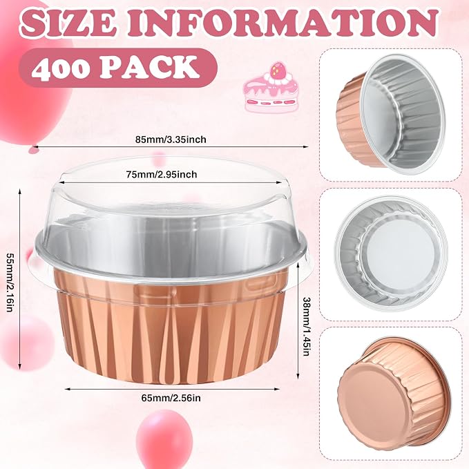 Gejoy 400 Pcs Aluminum Foil Baking Cups with Lids 5 oz Disposable Ramekins Mini Cake Pans Creme Brulee Cupcake Liners Muffin Tins Flan Mold Dessert Container for Wedding(Rose Gold,Classic)