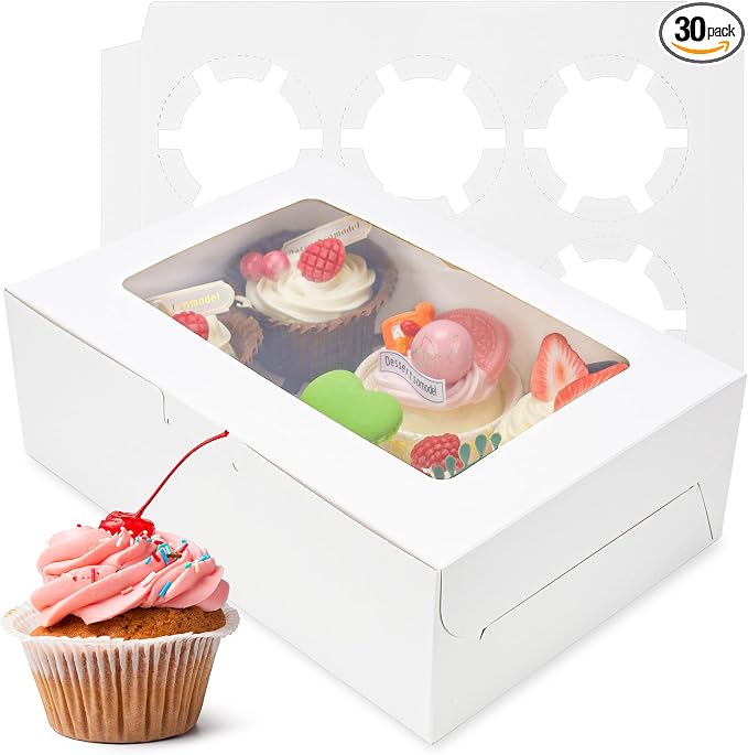 NPLUX 30 Pack Cupcake Boxes with Inserts 6 Holders, White Standard Bakery Boxes with Window Food Grade Cupcake Containers for Muffins,Gift Treat Boxes for Cupcakes