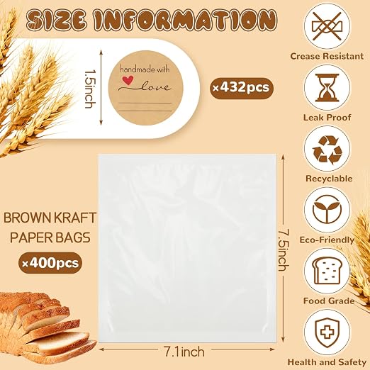 Outus 400 Pcs Cookie Packaging Bags with Seal, 7.1 x 7.5 Inch Bakery Pastry Bags with Window, Heat Sealable Grease Resistant Paper to Go Bake Sleeves for Gift Giving Donut Bread Sandwich (White)