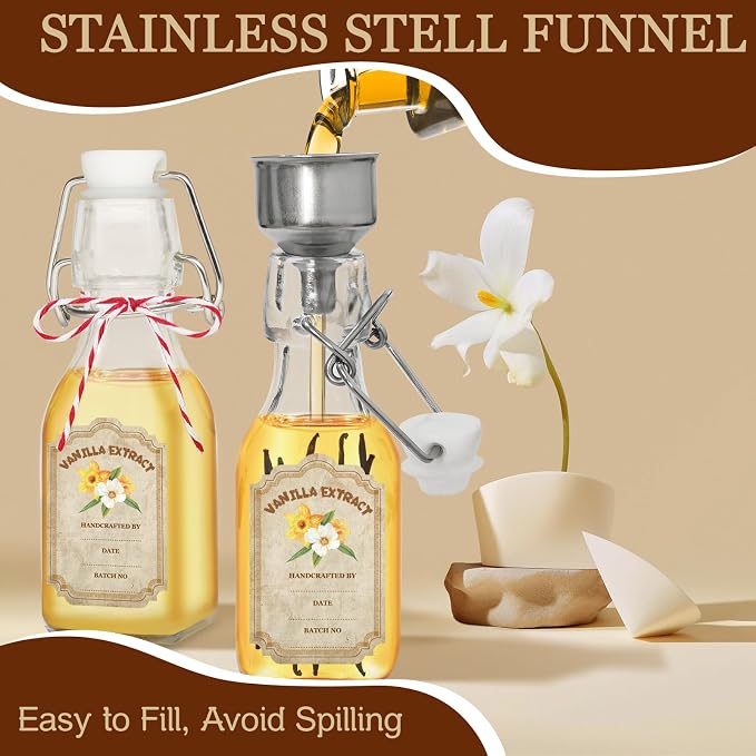 10 Pack Swing Top Glass Vanilla Extract Bottles 4 oz with Lids, Vanilla Extract Labels and Funnel, Glass Boston Bottles for Syrup Gift, Flip Top Jars