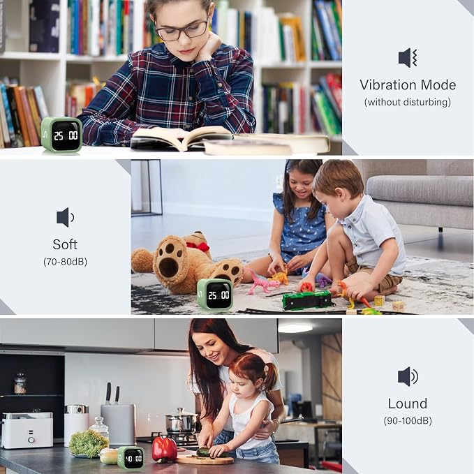 Rotating Pomodoro Timer 5, 25, 10 50 Minutes Preset, Desk Productivity Flip Timer, ADHD Tool Cube Countdown Stopwatch, Vibration/High/Low Volume/Custom Modes, for Work, Study, Back to School, Green