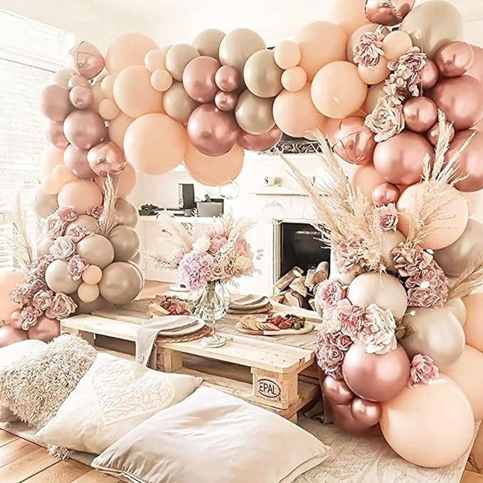 PartyWoo Nude and Gold Balloon Arch Kit 140pcs Different Sizes of 18 12 10 5 Inch Metallic Gold White Pink Rose Gold Confetti Balloons for Wedding Engagement Princess Girl Birthday Party Decorations