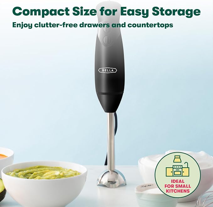BELLA Immersion Hand Blender, Portable Mixer with Whisk Attachment - Electric Handheld Juicer, Shakes, Baby Food and Smoothie Maker, Stainless Steel, Black