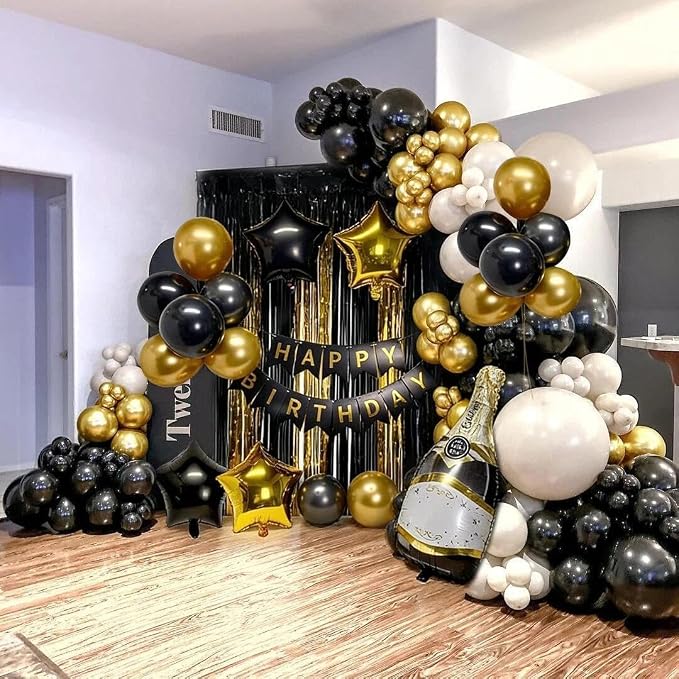 Black Gold Birthday Party Balloon Kit,Happy Birthday Banner Fringe Curtains Gold Black Star Wine Bottle Foil Balloon Garland for Men Women Party Decorations
