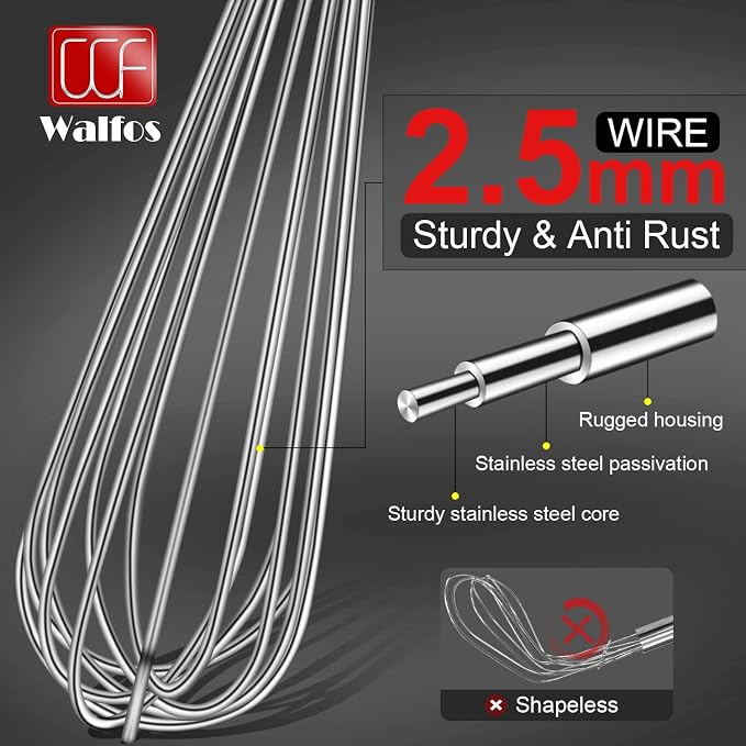 Walfos Whisks Large Whisk Set of 2, Heavy Duty Stainless Steel Wire Whisk Ideal For Beating Eggs, Mixing Batter & Blending Sauces.（13in+17in)