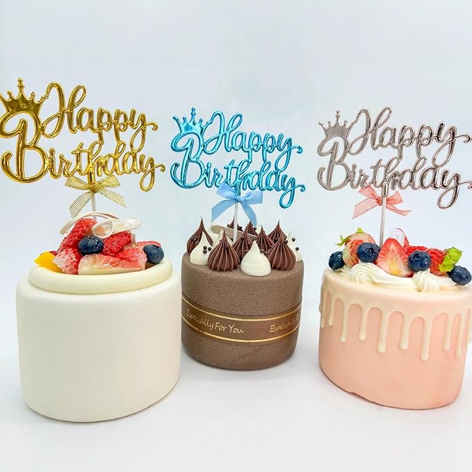 Upgraded Happy Birthday Cake Topper with Crown & Bow (Champagne)