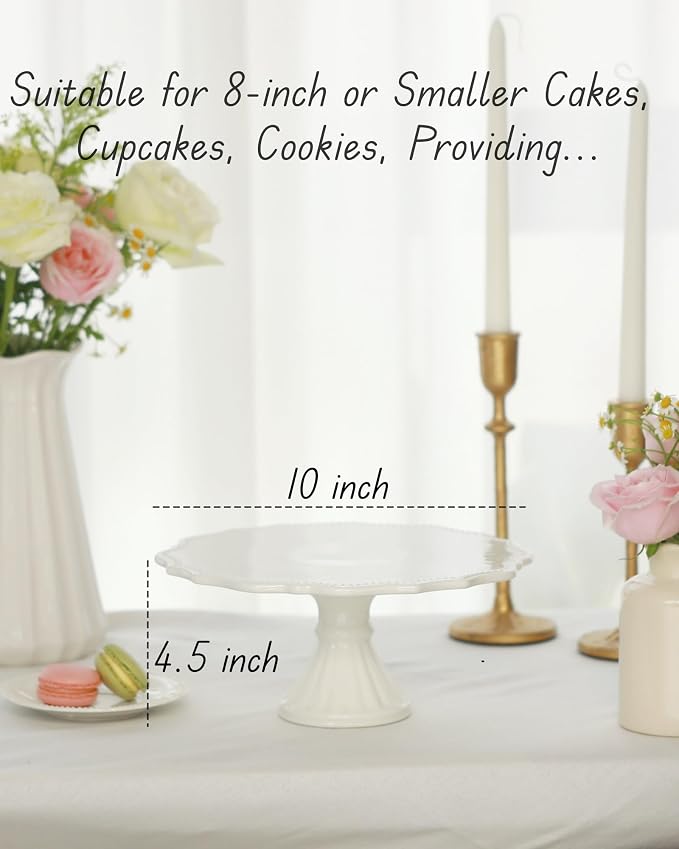 10 Inch Cake Stand, Relief Round Dessert Cake Stand for 8 Inch Cake, Ceramic Cupcake Stand for Birthday, Wedding, Baby Shower, Tea Party and Other Celebrations(White)