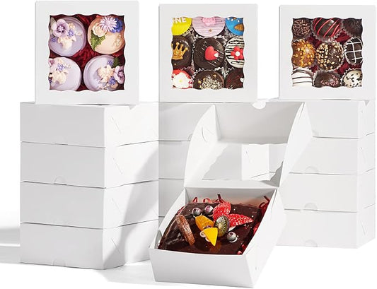 RomanticBaking 51PCS 5x5x2 Inch Bakery Boxes,Cookie Boxes with Window, Pastry Boxes for Macaroon Dessert Cupcake Donut Pastry Muffins