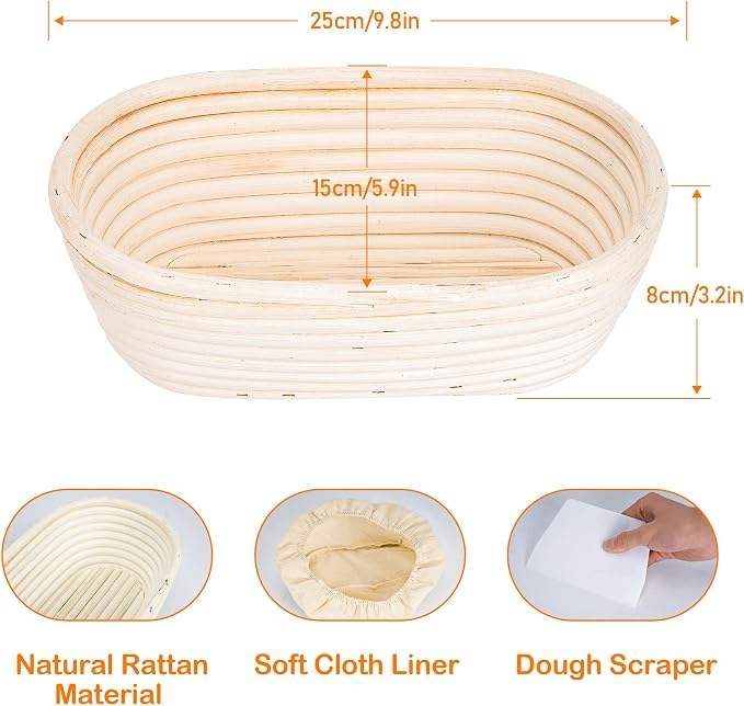 10 Inch Banneton Bread Proofing Basket, Oval Sourdough Proofing Basket with Cloth Liners & Dough Scrapers Set of 10,Bulk Rattan Banneton Sourdough Bowl Basket for Home Baker Supplies