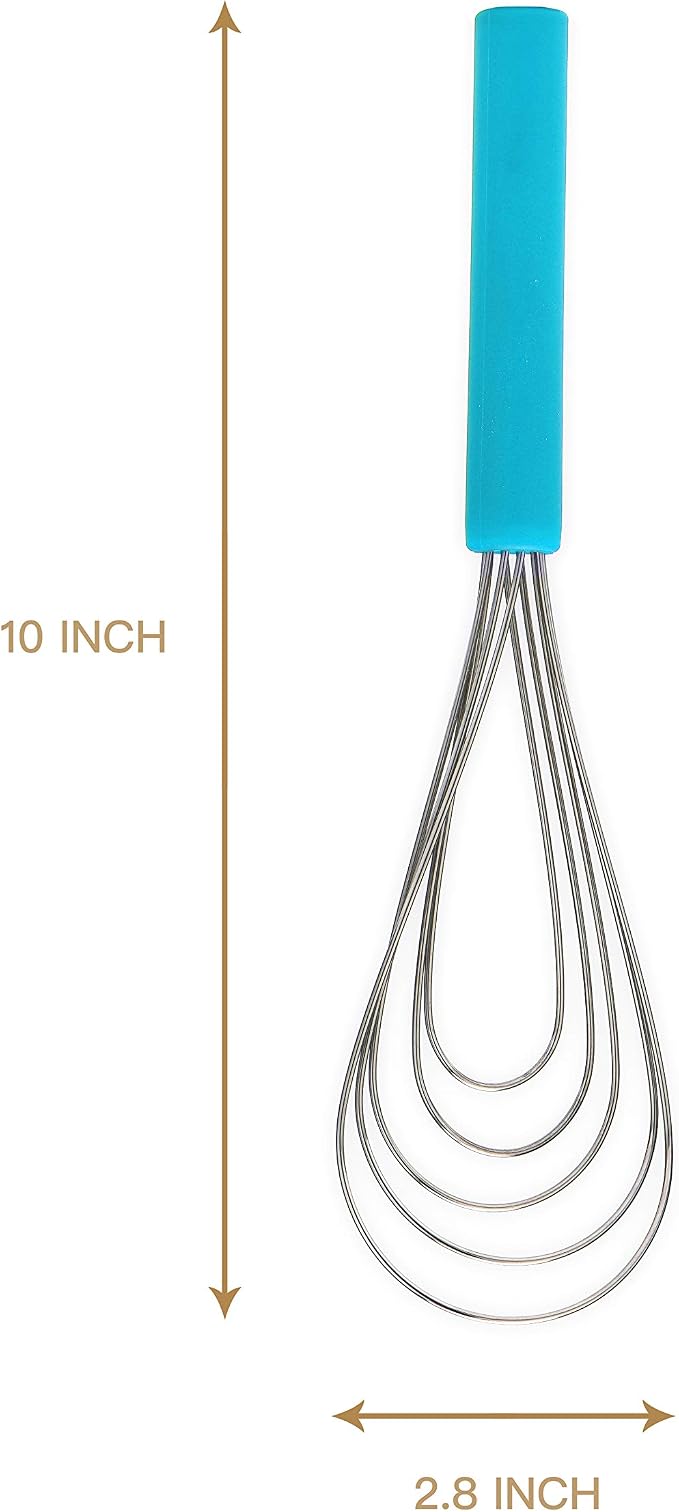 Flat Whisk Silicone Handle Non Slip 10" - 5 Wires Whisk with 10 Heads for Kitchen Cooking Color by Jell-Cell (Sky Blue)