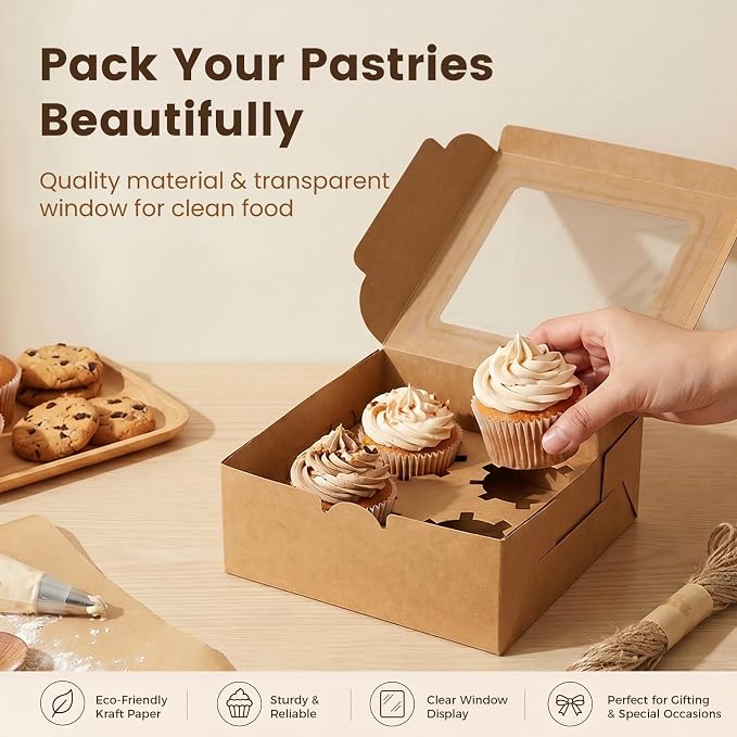OAMCEG 50 PCS Cupcake Boxes with Window, 6x6x3 Inch Cookie Boxes, Bakery Treat Boxes for Pastry, Dessert, Chocolate Strawberries, Cupcake Containers, Gift Giving with Stickers & Twine （Brown）