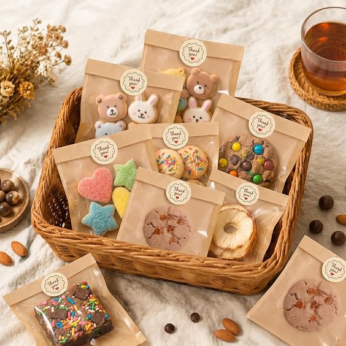 Cookie Bags with Seal(7.1x7.5 Inch) 100 PCS Sealable Bakery Bags for Treat Snack Baked Goods Pastry Donut Cookie Sleeves Bake Sale Packaging Heat Seal Farmstand Small Business Party Favors Supplies