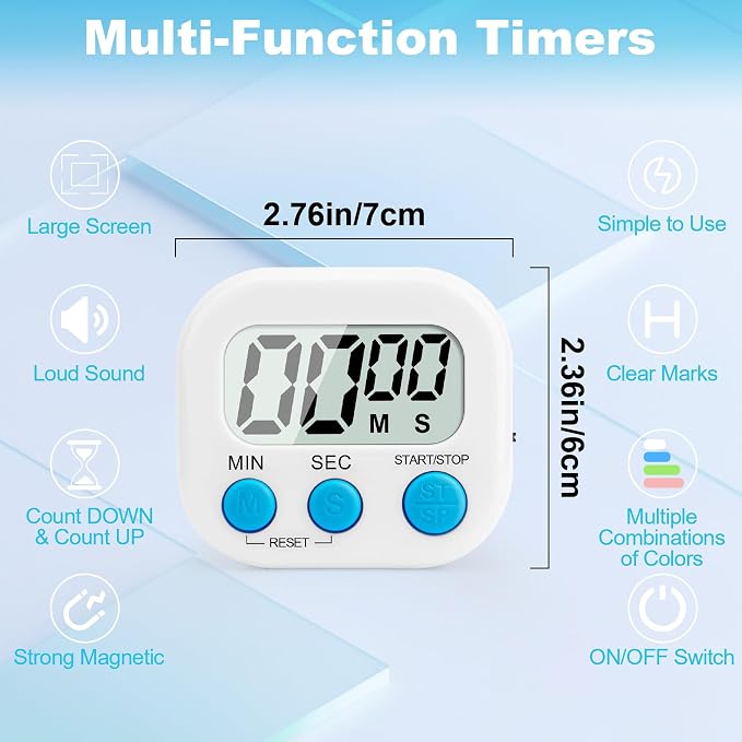 6 Pack Digital Kitchen Timer Multi-Function Magnetic Timers Classroom Timer for Kids Loud Alarm Big LCD Display Electronic Count Up Countdown Timers for Cooking, Classroom, Exercise, Study, Meeting