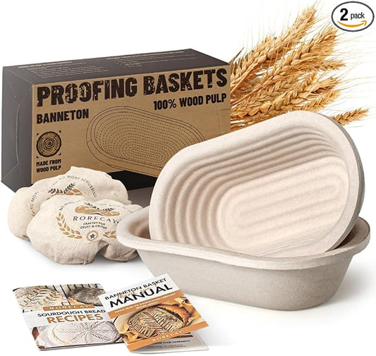 Wood Pulp Banneton Bread Proofing Baskets Set of 2, 11 Inch Oval 1.65LB Sourdough Banneton Basket with Liner, Non-Stick Dough Proofing Bowl for Rising and Baking