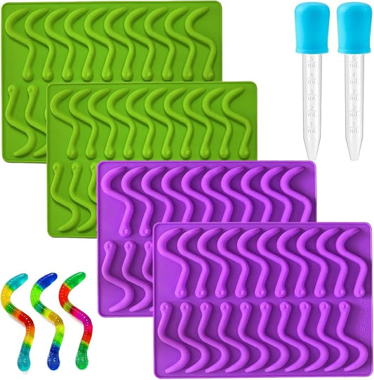 4Pcs Gummy Candy Molds - Silicone Gummy Worm Molds with 2Pcs Dropper,Non-stick and Bpa Free for Candy Chocolate Gummies Baking