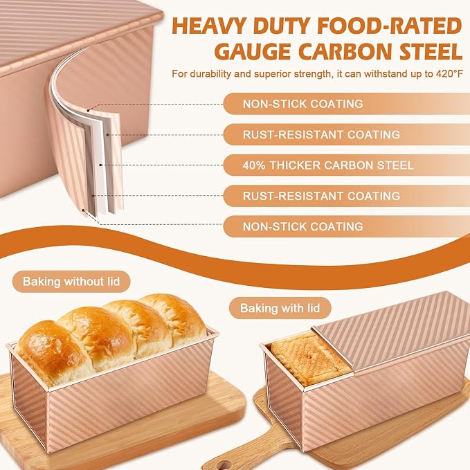 2Pack Bread Loaf Pan with Lids 1 LB Dough Capacity, Non-Stick Carbon Steel Pullman Loaf Pan for Homemade Sandwich and Sourdough Bread, Corrugated Toast Mold Gold