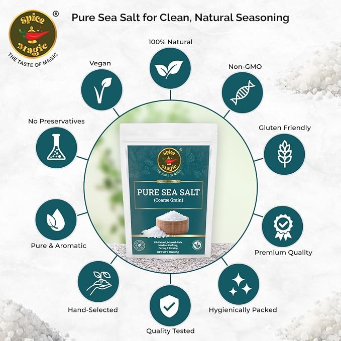 Spice Magic Pure Sea Salt, Coarse Grain, 2 lb (32 oz)|Unrefined | Ideal for Salt Grinders Cooking & Culinary Use