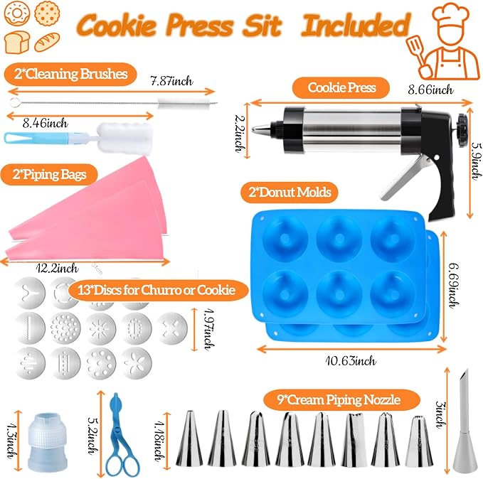 Cookie Press Gun Kit, Spritz Cookie Maker with 13 Discs & 8 Icing Tips, 2 Donut Molds & Piping Bags, Stainless Steel Baking Set for Cookies, Donuts, Churros & Cake Decorating