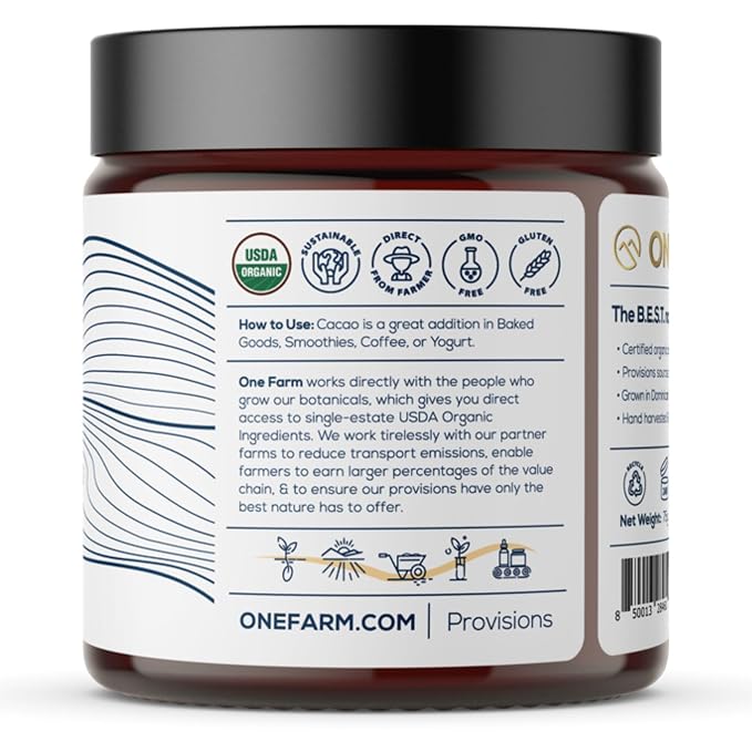 One Farm by WAAYB Organic Cacao, Single Estate, Non-GMO, Fair-Trade, Vegan, Gluten Free, 100% Raw Rizek Cacao in Resealable Bag for Cooking, Smoothies, Lattes & Baking (2.6 oz Jar, Powder)