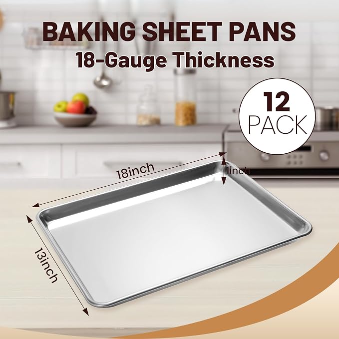 BIEAMA 12 Pack Half Size Baking Sheet Pan Aluminum Commercial Pan for Oven Freezer Bakery Hotel Restaurant 18" × 13"