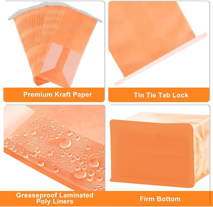 50 Pack Bakery Bags with Window - Reusable Kraft Paper Bread Bags with Tin Tie Tab Lock, Can Stand Upright, Orange