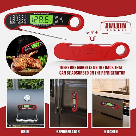 AWLKIM Digital Meat Thermometer, Instant Read Thermometer, Red | Food thermometer for grill, BBQ, candy, oil and baking; backlit display, foldable probe and magnetic storage