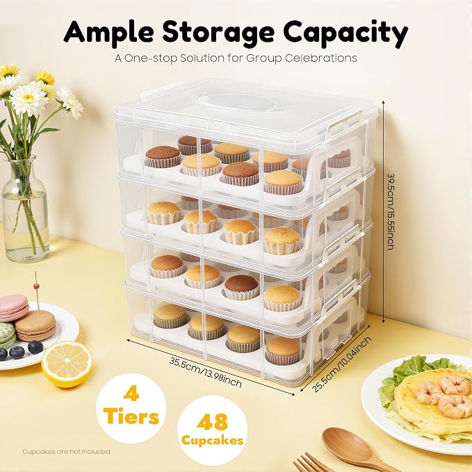 4-Tier Cupcake Carrier Stackable Storage Container,Store up to 48 Cupcakes | Plastic stackable trays with Lid and Handle. Lightweight for parties, baking, travel. Keeps cupcakes secure. BPA-free.