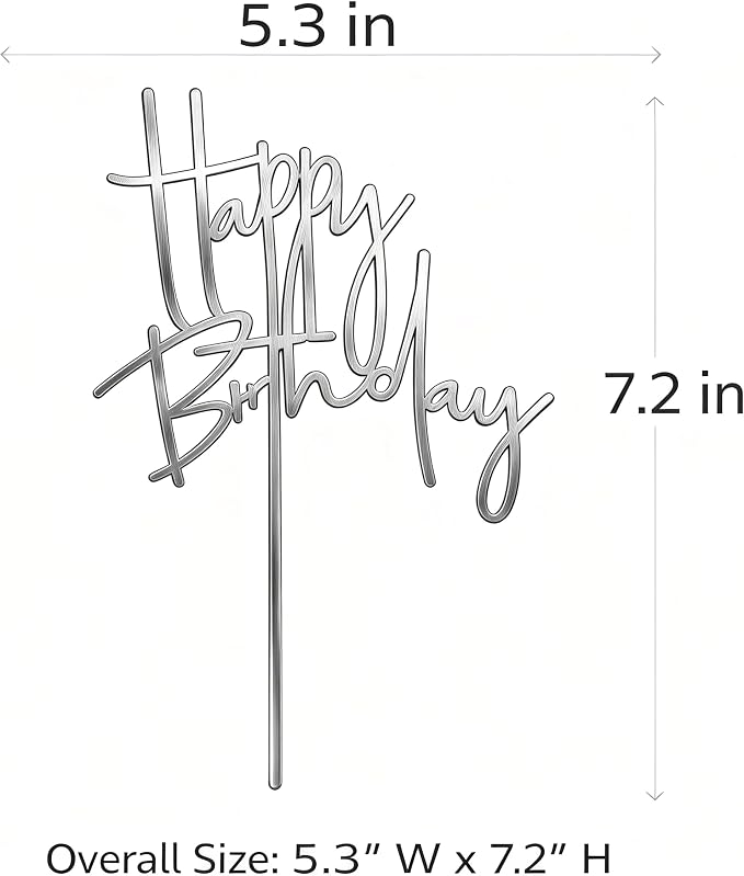 Happy Birthday Cake Topper – Minimalist Acrylic Birthday Cake Decoration, Reusable Modern Script Cake Pick for Adult Birthday, Party Dessert Decor (Silver)