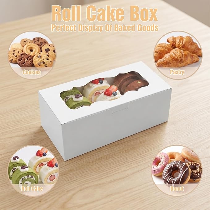 30Pcs White Cookie Boxes with Clear Window, Sturdy Loaf Cake Boxes for Roll Cakes, Desserts, Muffins, Donuts, Candies, Pastries & Baked Goods Display and Gifting,9x4x3.5 Inch