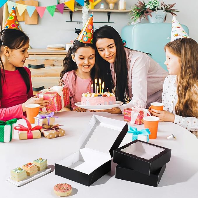 24 pcs Black Pie Boxes,12x12x3 Inch Auto-Popup Bakery Boxes with Window Donuts Chocolate Muffins Donuts Pastry Dessert Cookie Box For Packaging