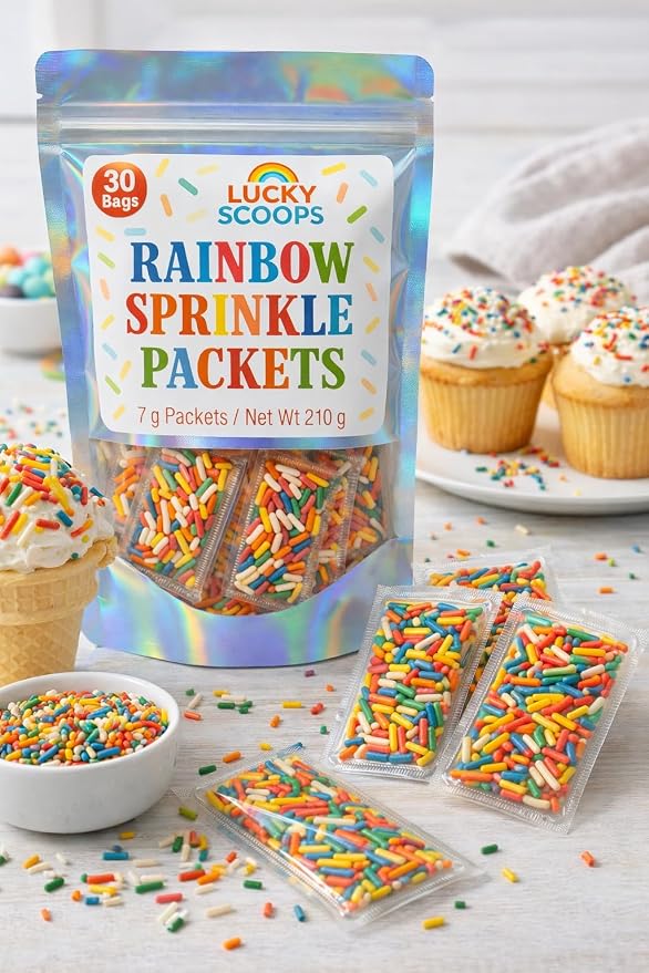 Lucky Scoops Rainbow Sprinkles Packets – 30 Individually Wrapped 7 g Packs in Resealable Pouch – Dairy-Free, Gluten-Free, Vegetarian, Soy & Nut-Free Rainbow Jimmies for Dessert Toppings for Ice Cream Sundae, Baking & Parties, Cruise Pixie Dusting