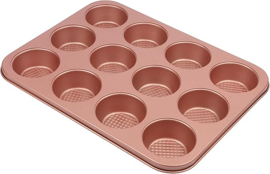 David Burke 12-Cup Muffin Pan, Carbon Steel, PFTE & PFOA Free, Oven Safe, Diamond Textured Surface – Rose Gold